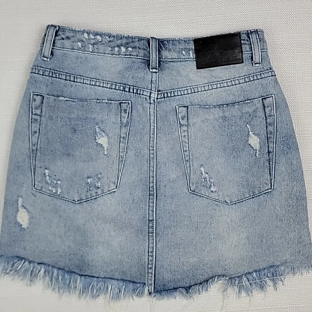 One‎ X One Teaspoon Acid Washed Destroyed Denim Jean Mini Skirt 28